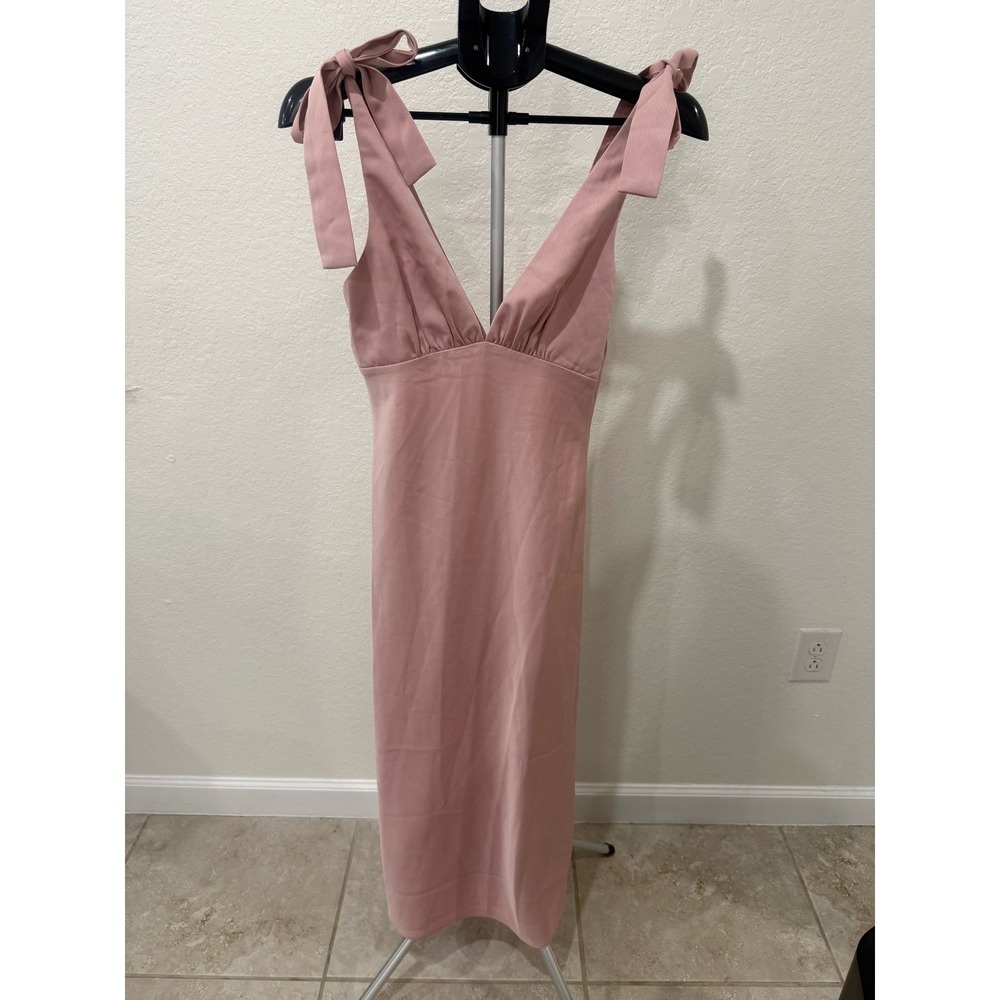 BHLDN Hudson Satin Charmeuse Dress 4 Blush Pink Tie Shoulder V-Neck Midi Formal